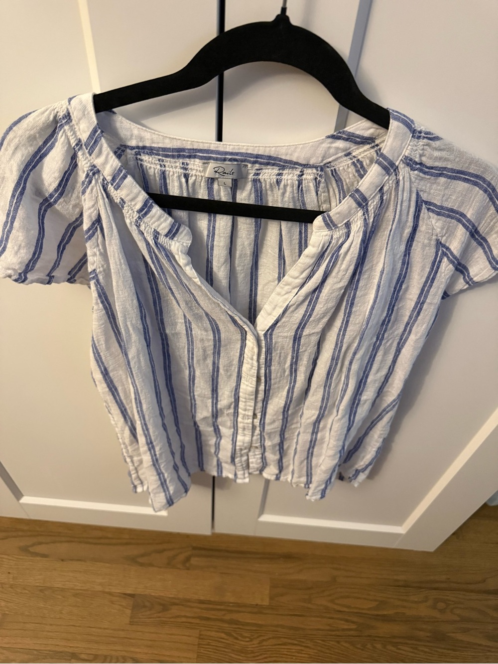 Rails White and Blue Striped Short-Sleeve Button Front Blouse
